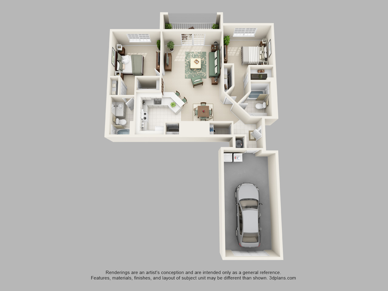 Floor plan for 2 beds, 2 baths, 1121 sqft